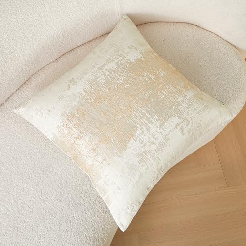 Cream Champagne Metallic Jacquard Throw Pillow Cover 20x20 Velvet Back Modern Glam Sofa Decor
