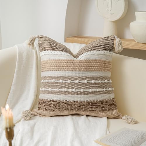 Brown Decorative Throw Pillow Cover 20x20 Square Boho Accent Pillowcase Tassels Farmhouse Cushion for Couch Sofa Bedroom Livingroom Home Décor Cover ONLY