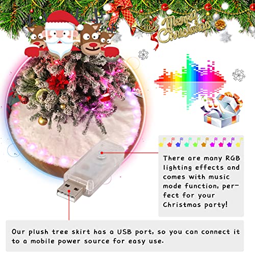 30 Inch Faux Fur Christmas Tree Skirt with LED Lights Soft Snow White Plush Tree Mat Christmas Decorations Fluffy Tree Skirts Xmas Holiday Party Indoor Decorations