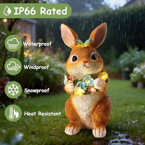 Solar Garden Statues Outdoor Bunny Decorations with Butterfly & Flowers Gifts for Mom