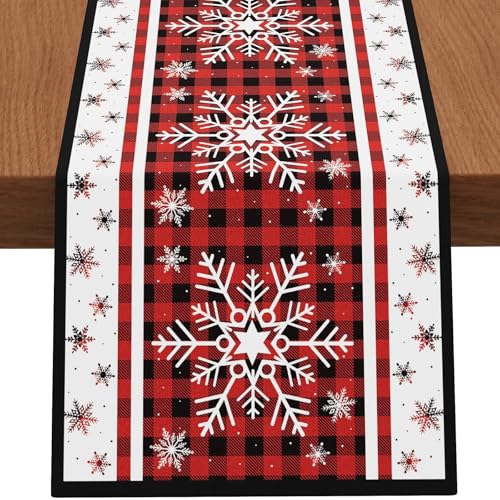 Christmas Table Runner Snowflakes Christmas Decorations with Red Buffalo