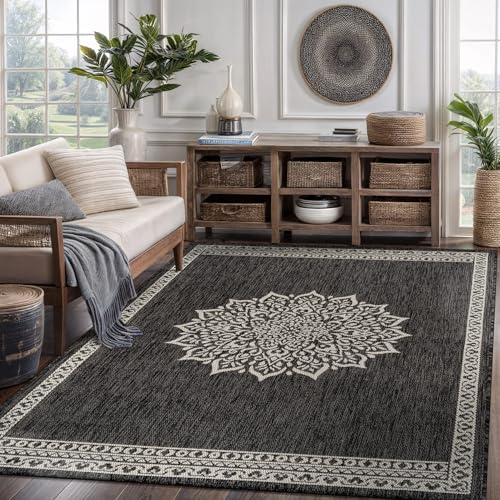 Outdoor Rug 5x7 Medallion Darkgray Modern Area Rugs for Indoor and Outdoor Patios Kitchen and Hallway Mats Washable Porch Deck Outside Carpet (35 Sq Ft)