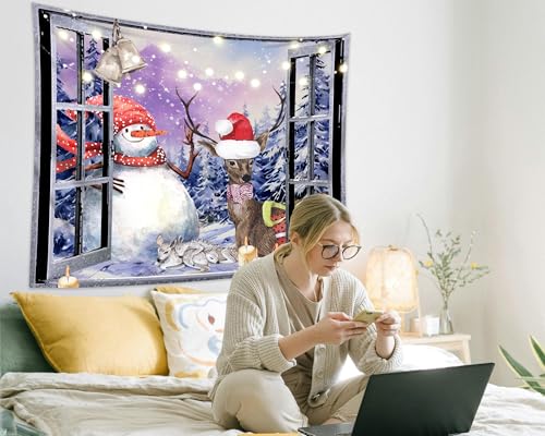 Christmas Window Tapestry Wall Hanging Christmas Backdrop Winter Window Wall Decor Xmas Snowman Deer Tapestries for Bedroom Living Room Dorm Holiday Party Decoration