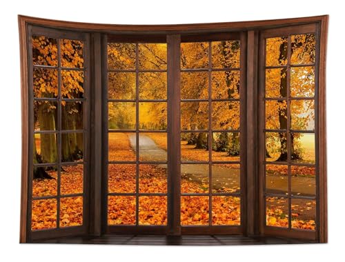 Fall Forest Window Tapestry for Bedroom Autumn Maple Tree with Orange Leaves Tapestry Wall Hanging Rustic Vintage Wall Decor for Living Room