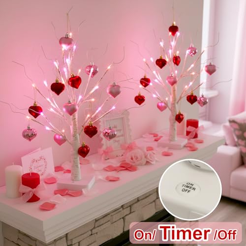 Valentines Day Decorations 2Pack Birch Tree with Hanging Heart (2 Count)