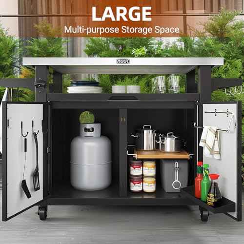 Outdoor Grill Cart with Storage Cabinet Metal Kitchen Island Prep Table with Movable Universal Wheels and Stainless Steel Top for Outside BBQ Backyard Include Hooks Spice Rack
