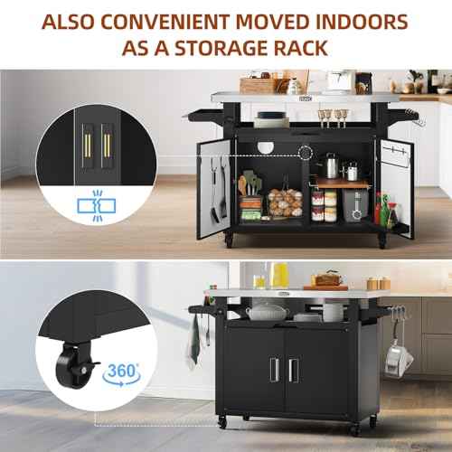 Outdoor Grill Cart with Storage Cabinet Metal Kitchen Island Prep Table with Movable Universal Wheels and Stainless Steel Top for Outside BBQ Backyard Include Hooks Spice Rack