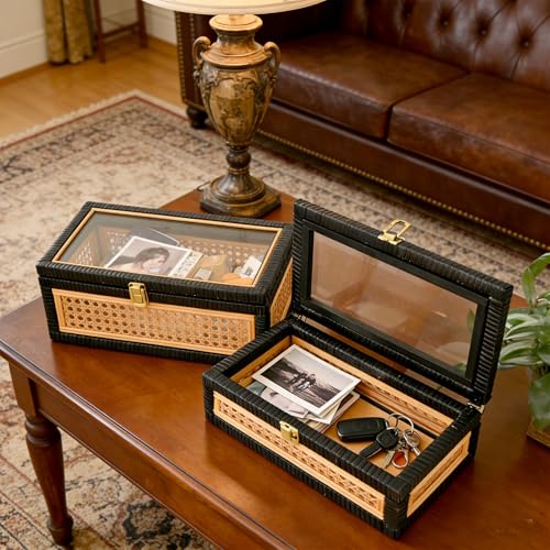 Black Rattan Decorative Wood Storage Boxes with Glass Lids Set of 2