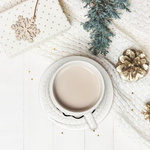 Christmas Cotton Coasters Handmade Braided Drink Coasters Winter Snowman Face Absorbent Cup Mats for Xmas Holiday Party Home Table Decor (4 Count)