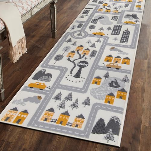 Kids Play Road Cityscape Playroom Runner Rug Cream 2' x 7'