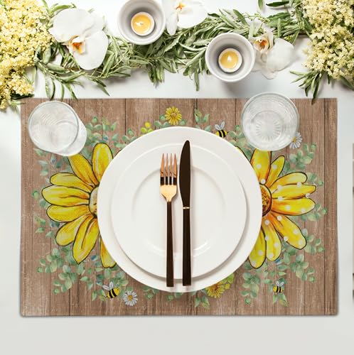Spring Summer Floral Set of 4 Sunflower Daisy Eucalyptus Leaf Wooden Board Place Mats 12x18 Inch Rustic Vintage Flowers Farmhouse Table Mats for Home Kitchen Dining Decoration (4 Count)