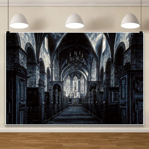 15x8ft Scary Church Halloween Backdrop Dark Black Horror Gothic Medieval Castle Interior Photography Background Halloween Night Carnival Theme Party Decor Banner Photo Studio Props