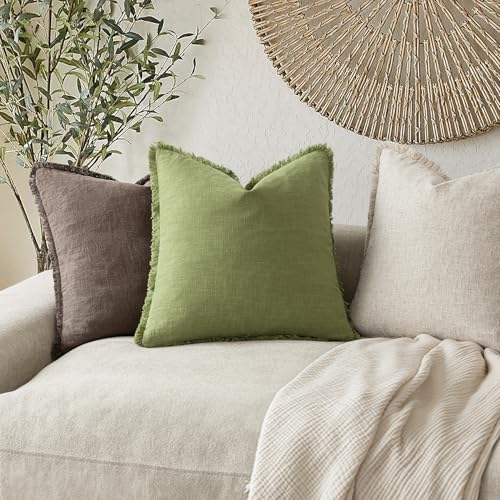 Boho Linen Fringe Lumbar Throw Pillow Covers 12×20 Lush Green (2 Count)