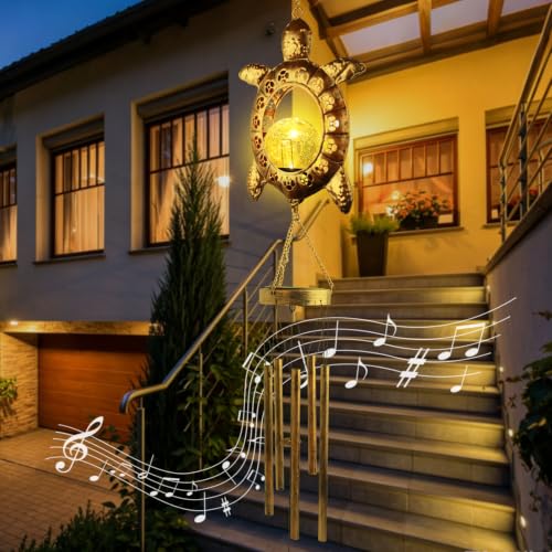 Sea Turtle Solar Lights Outdoor Decor Crackle Glass Ball Solar Turtle Wind Chimes for Outside Unique Gifts for Women Birthday Gardening Gift Housewarming Ornament for Patio Yard Garden Decor