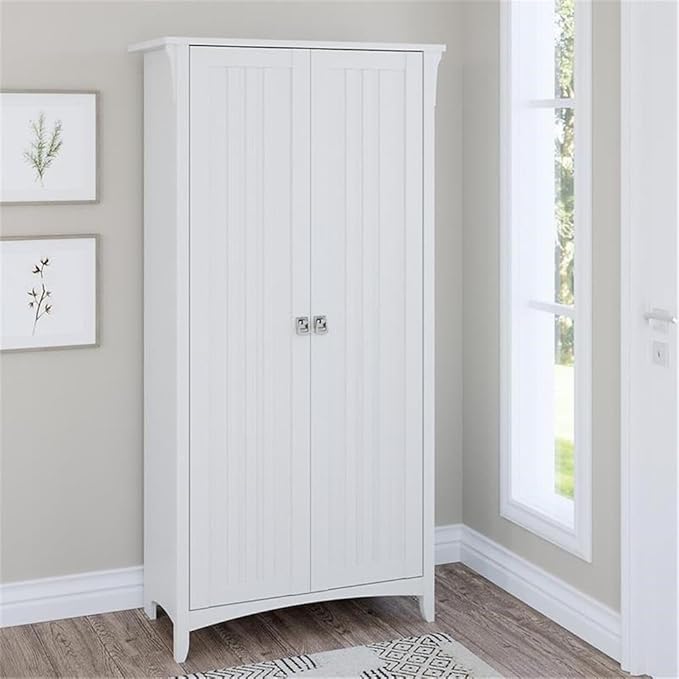 Bush Home Salinas Tall Storage Cabinet with Doors in Shiplap Gray and Pure White, Office Storage Unit, Organizer for Home or Workspace, Adjustable Shelving