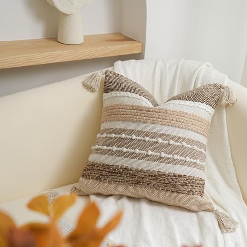 Brown Decorative Throw Pillow Cover 20x20 Square Boho Accent Pillowcase Tassels Farmhouse Cushion for Couch Sofa Bedroom Livingroom Home Décor Cover ONLY