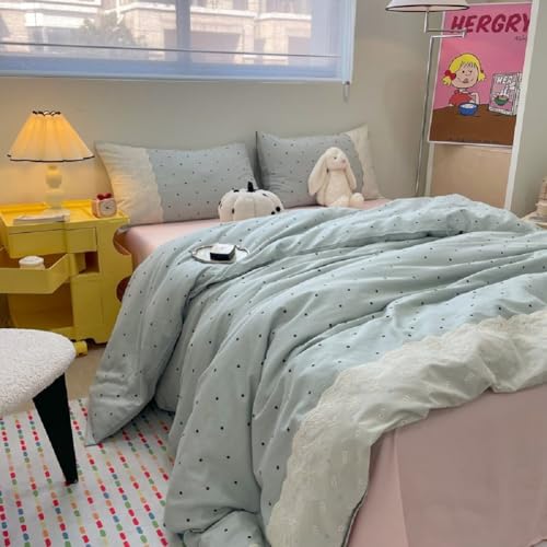 Romantic Lace Comforter Set Queen Cute Polka Dots Comforter with 2 Pillowcases Fluffy Soft Microfiber Black Dots Bedding Set for Teens Girls Lightweight Princess Style Queen Comforter Set