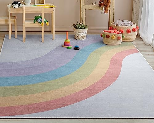 Kids Rugs Rainbow 7'7" x 9'10" Multi Color Modern Flat