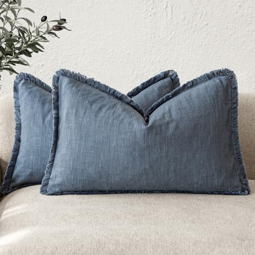 Boho Linen Fringe Lumbar Throw Pillow Covers 12×20 Dark Blue (2 Count)