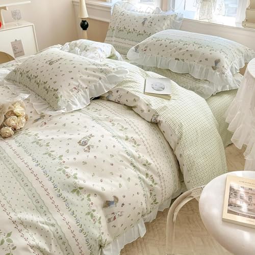 Twin XL Comforter Set Cute Flower Green Leaves Pattern Comforter White Ruffle Bedding Comforter with 2 Pillowcases Reversible Green Plaid Comforter Botanical Flower Cute Rabbit Comforter Set