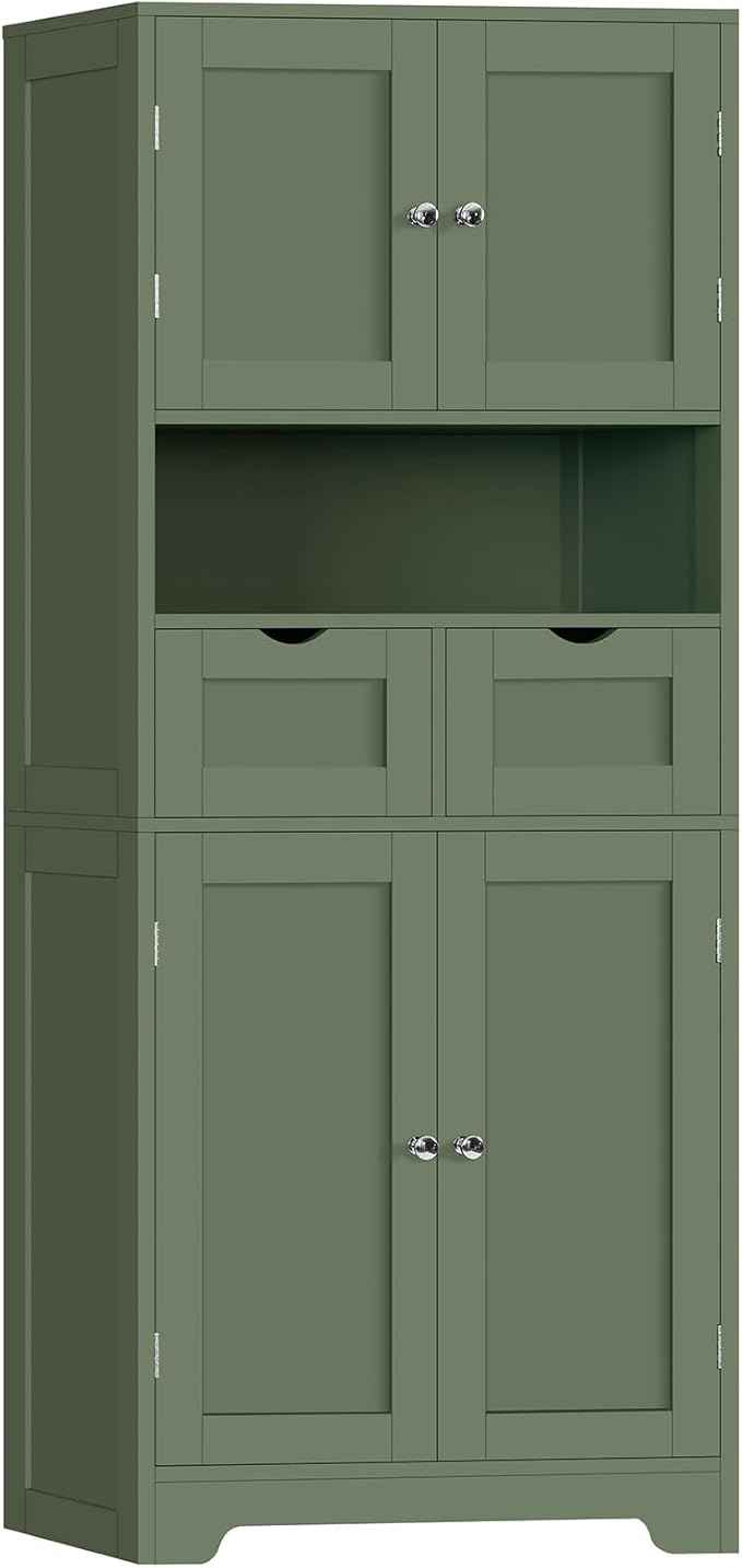 Iwell 58" H Tall Bathroom Storage Cabinet with 2 Drawers & 2 Adjustable Shelves, Bathroom Cabinet with 4 Doors, Tall Cabinet for Living Room, Dining Room, Entryway, Forest Green