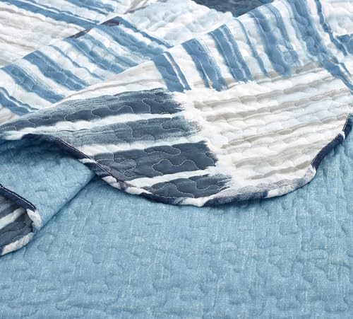 Blue Grey Stripes & Blocks Patchwork Quilt Set