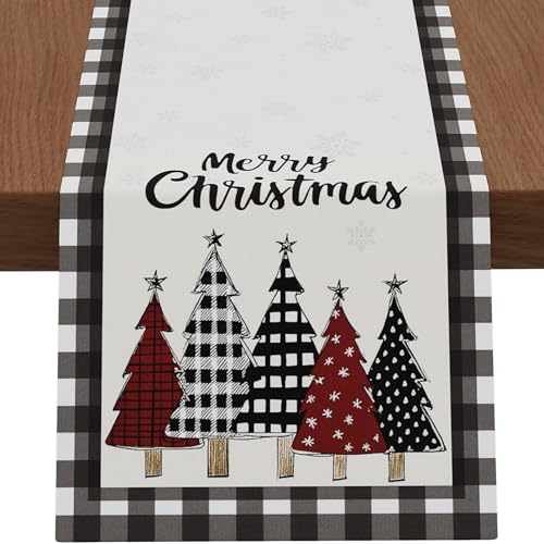 Christmas Table Runner Snowflakes Xmas Tree Decorations with Black Buffalo