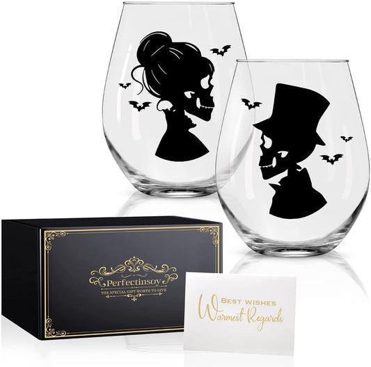 Perfectinsoy Skull Wine Glass 2 Piece with Gift Box, Zombie Design, Valentine's Day Autumn Halloween, Anniversary Wedding Gifts, Couple Gifts for Boyfriend and Girlfriend. (Skull Set of 2)