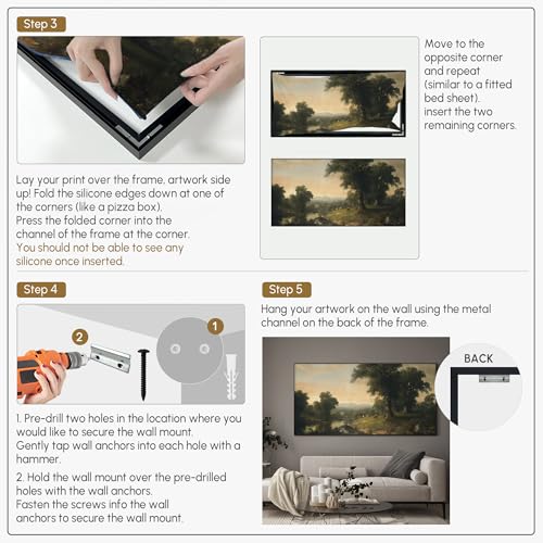 24"x46" Extra Large Framed Wall Art Classic River Valley Landscape Vintage Style Countryside with Trees and Cows Illustration for Home Living Room Bedroom Decor
