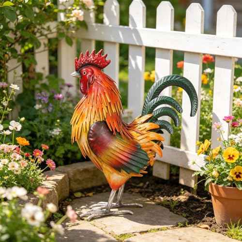 Rooster Garden Statue Sculpture Metal Chicken Yard Decor Outdoor Figurines Patio Backyard Decoration