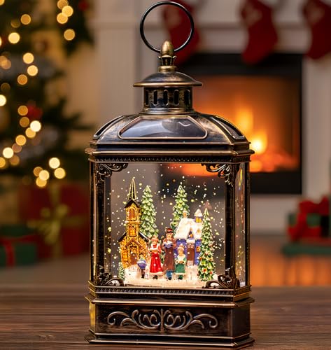 Musical Snow Globe Lantern Lighted Church Carolers Christmas Village Snow Water Lantern Swirling Glittering Home Decoration and Gift