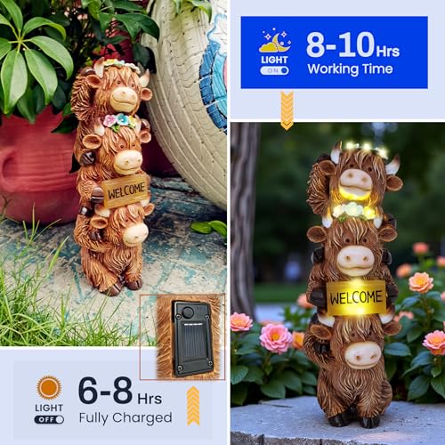 12 Inch Highland Cow Garden Statue Solar Outdoor Decor for Yard Patio Porch