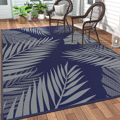 Outdoor Rug Waterproof Plastic Rugs 10'x14' for Camping Blue Grey