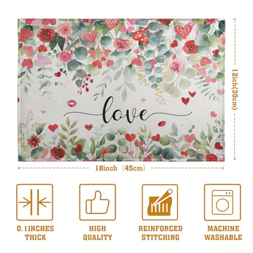 Valentines Day Love Heart Rose Placemats Set of 4 Valentine Eucalyptus Leaves Linen Table Mats Heat 12x18 Inch Spring Resistant Washable Table Mats for Kitchen Dining Decoration (4 Count)
