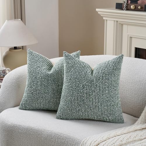 Striped Throw Pillow Covers 16x16 Set of 2 Green Textured Boucle Chic Morden Boho Accent Farmhouse Square Decorative Couch Pillow Covers for Home Decor Bed Sofa Living Room (2 Count)