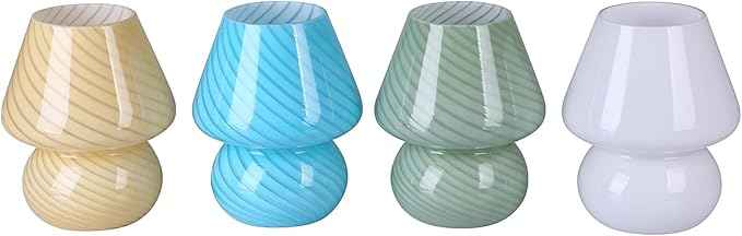 Glass Mushroom Bedside Table Lamp, Yellow Translucent Murano Vintage Style Striped Small Nightstand Desklamp Swirl Light for Home Decor, Dining, Living, Bedroom, Gift (Stripe Yellow)