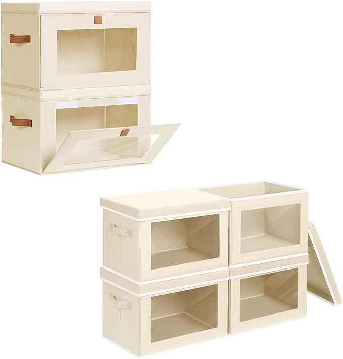 Fabric Closet Storage Bins with Window & Clothes Storage Bins with Handles, Home Decorative Boxes for Clothes, Closet, Office, Beige