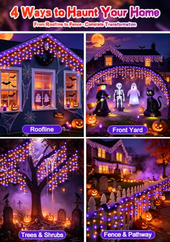 131FT 1280LED Orange Purple Halloween Lights Outdoor 8Modes Plug
