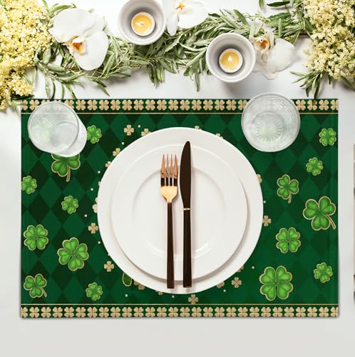 Green Shamrock St Patricks Day Placemats Set of 4 Lucky Clover Plaid Check Table Mat 12x18 Inch St. Patrick's Day Seasonal Holiday Place Mats Spring Linen Placemat for Party Kitchen Dining Decor