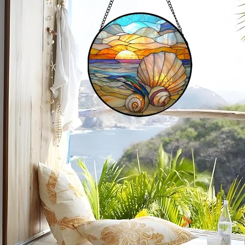 Ocean Stained Glass Window Hanging Suncatcher Beach Gifts for Women 6.3"