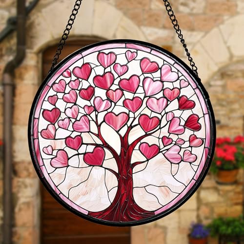 Pink Heart Tree Stained Glass Window Hanging Suncatcher Gifts Decor 6.3"