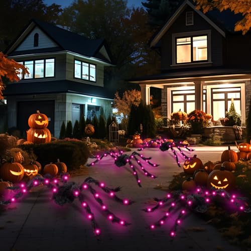 4 Pack Large Halloween Light up Spiders Decorations 4ft 2.9ft 2.4ft 2ft Black Fake Giant Light up Spider Bendable Outdoor Yard for Halloween Garden Party Decor (Pink)