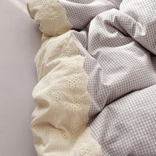 Purple Gingham Comforter Set Queen Romantic Lace Style Checkered Pattern Comforter Set Farmhouse Purple Grid Plaid Bedding Comforter Queen Fluffy Soft Lightweight Gingham Bedding Set