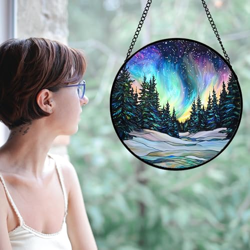 Aurora Landscape Stained Glass Window Hanging Suncatcher Xmas Gifts 15"