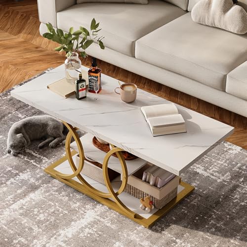Rustic Coffee Table with Storage Modern 3 Tier Center Living Room Table Faux Marble Wooden Rectangle Cocktail Tea Table for Office Bedroom Elegant Full Moon Design