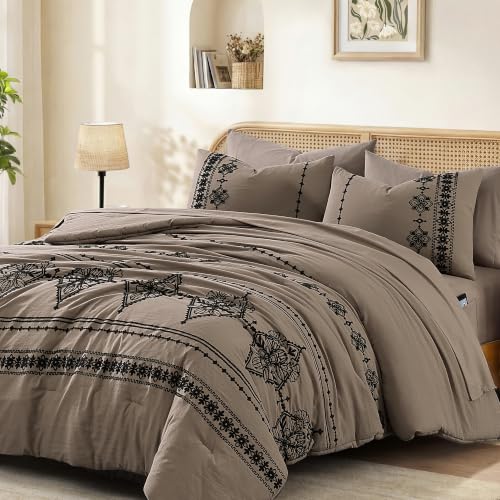 Full Size Comforter Set Embroidery Floral 7 Pieces Bed in a Bag