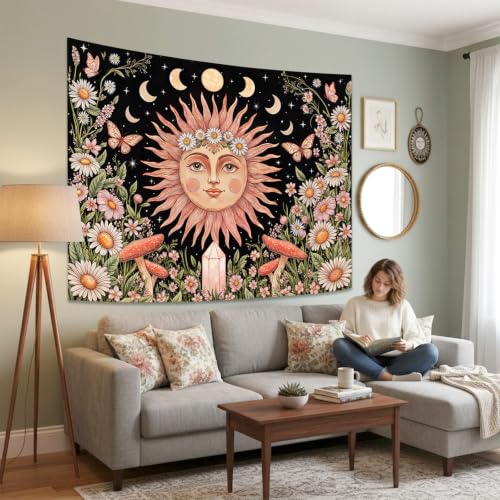 Boho Pink Sun Moon Phase Daisy Flower Floral Tapestry 48 x 36 Inch