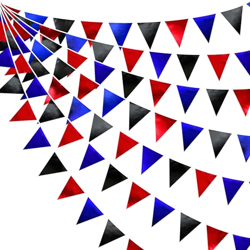 Navy Blue Red Black Party Decorations Metallic Fabric Triangle Pennant Banner Flag Bunting Garland for Graduations Birthday Retirement 4th of July USA Patriotic Veterans Party Decorations Supplies (32 Foot)