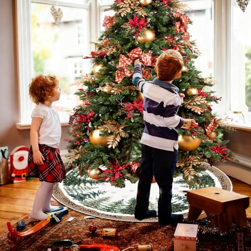 Christmas Tree Skirt 48 Inch Pine Trees Snowy Forest Christmas Tree Skirt Collar for Farmhouse Vintage Rustic Merry Christmas Xmas Winter Holiday Party Decoration
