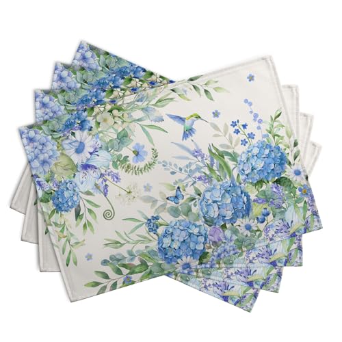 Blue Hydrangea Placemats Set of 4 Spring Summer Floral Green Leaf Bird Table Mat 12x18 Inch Rustic Daisy Flowers Hummingbird Place Mats for Party Kitchen Dining Outdoor Indoor Decor (4 Count)